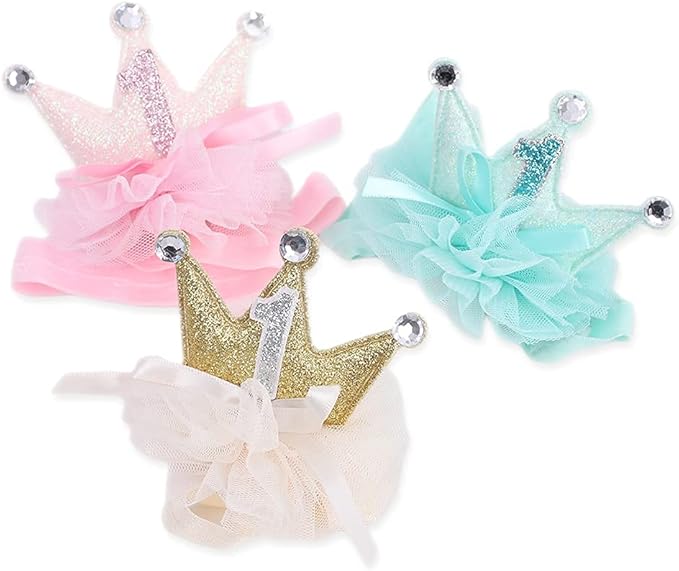 1st Birthday Crown Headband for Baby Girls - Gold/Pink Glitter Mini Crown