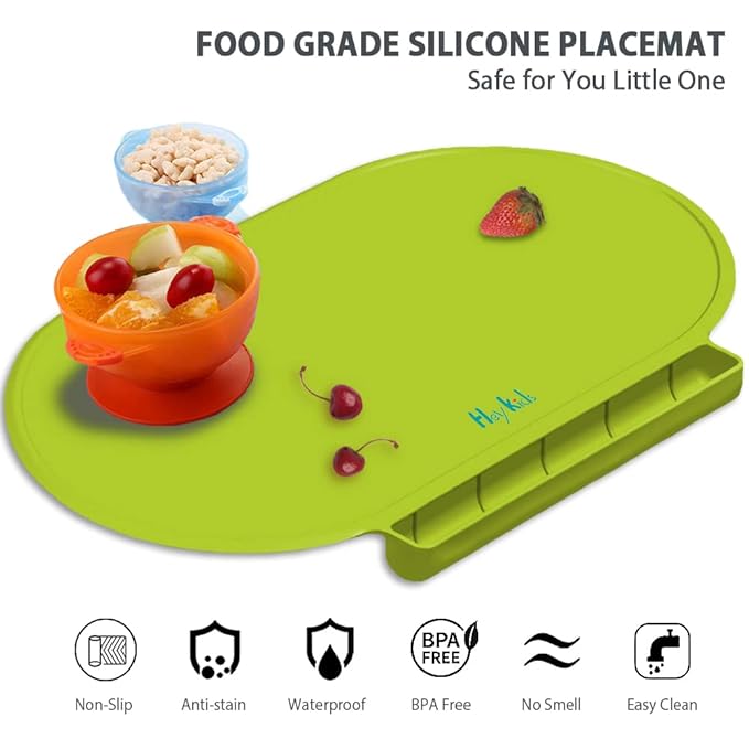 Kids Silicone Placemats, Baby Placemats with Food Catching for Kids Toddler Children Reusable Non-Slip Table Mats Baby Food Mats for Restaurant (Dark Green)