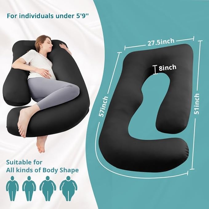 Sasttie Pregnancy Pillows for Sleeping, Jumbo U Shaped Cooling Full Body Pillow with Removable Cover, Pregnant Women Must Haves, Maternity Essential, Black