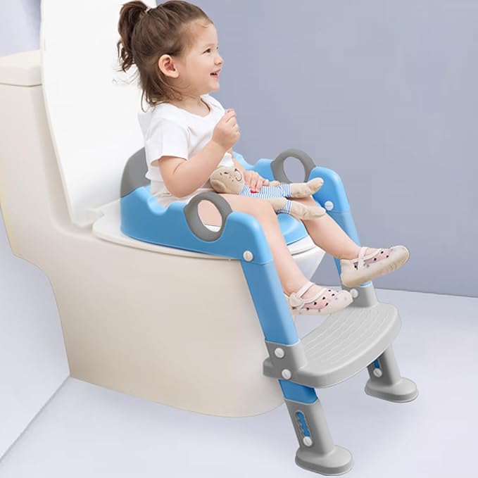 Potty Training Seat with Ladder for Toddler and Kids,Wiifo Sturdy Potty Ladder with Soft Cushion and Splash Guard for Boys and Girls,Foldable Child Toilet Training Seat(Grey Blue)