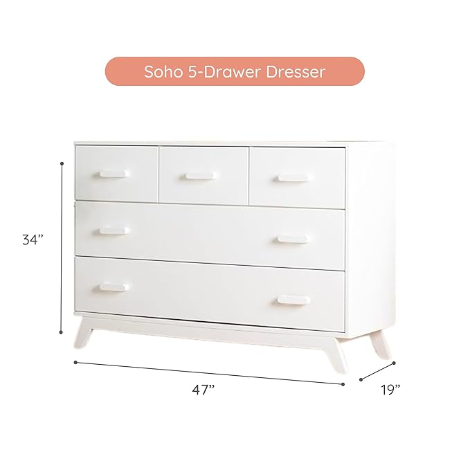 dadada Soho 5-Drawer Dresser for Nursery and Bedroom - Modern Design, Large Storage, Baby-Safe Finish, Soft Close Drawers, Anti-Tip Safety, Sturdy Legs & Solid Wood Handles, 47” Wide (White)