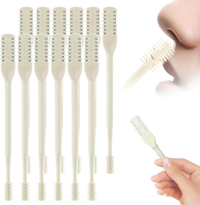 Nasal Hair Cutter, 2025 Upgraded 2 in 1 Nasal Hair Trimmer for Women Men, Manual 360° Rotating Nose Hair Remover Tool with Ear Digger Travel Essentials (Beige, 12 Pcs)