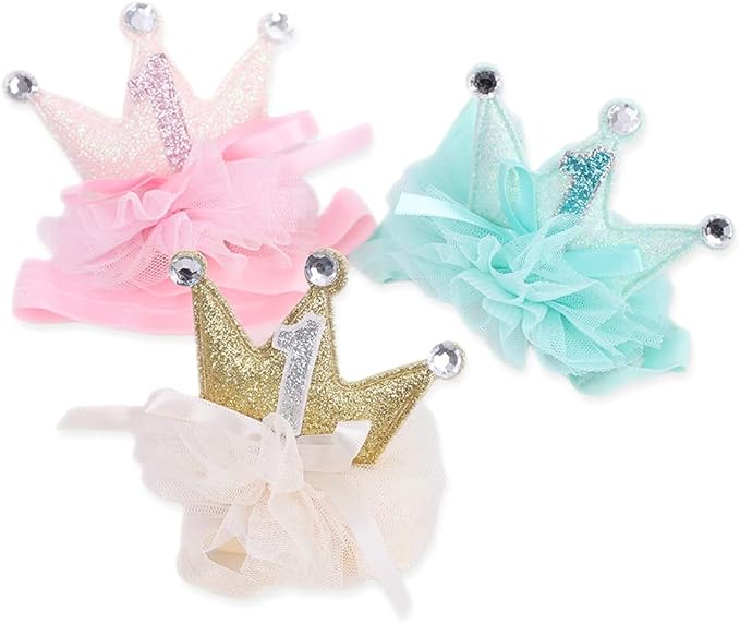 1st Birthday Crown Headband for Baby Girls - Gold/Pink Glitter Mini Crown