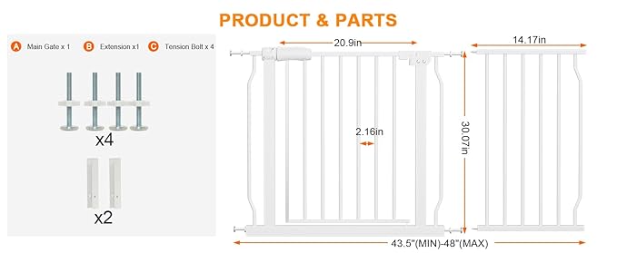 Extra Wide Baby Gate Extra Tall Dog Gate for Stairs Doorways White Metal Tension Child Pet Safety Gates with Pressure Mount 43.5-48 Inch