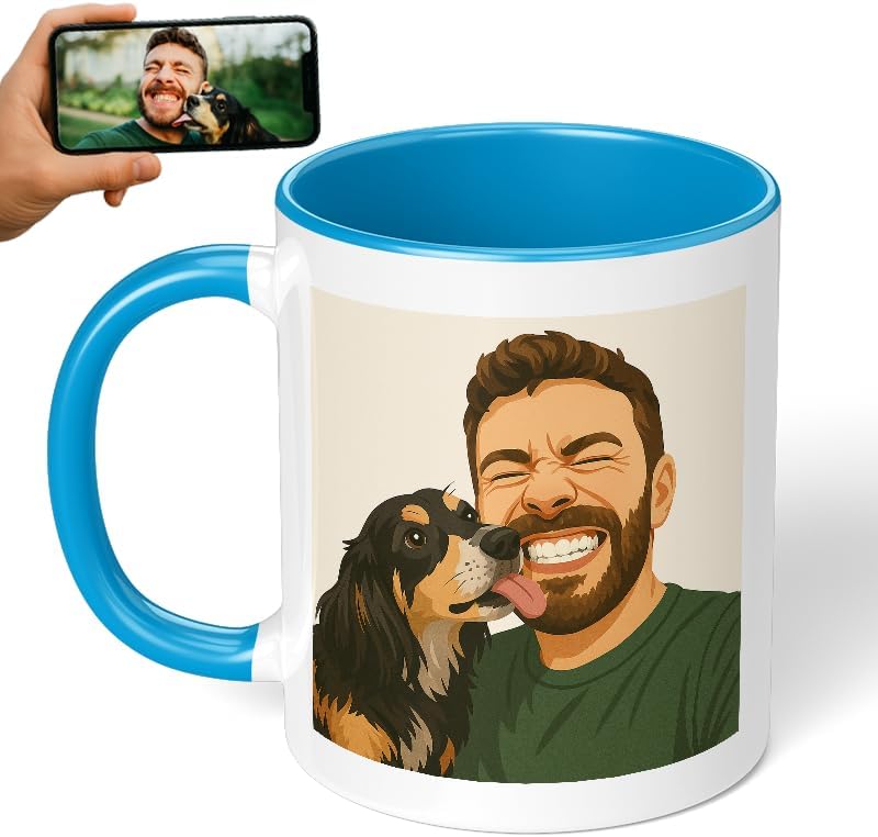 Personalized Coffee Mug, Custom Drawing Portrait Gift, Funny Customized Coffee Gift for Men & Women, Custom Mugs with Pictures, Light Blue 11oz Father's Day Mug