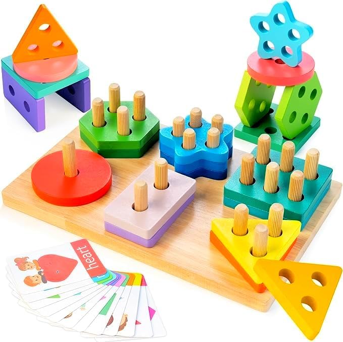 Shape Sorters for Toddlers 1-3 with 24-Piece Large Blocks & 12 Word Cards, Montessori Sensory Developmental Toy for Baby 12mo+, Wooden Stacking Puzzle Toy for 2-4 Year Old Kid Boy & Girl Birthday Gift