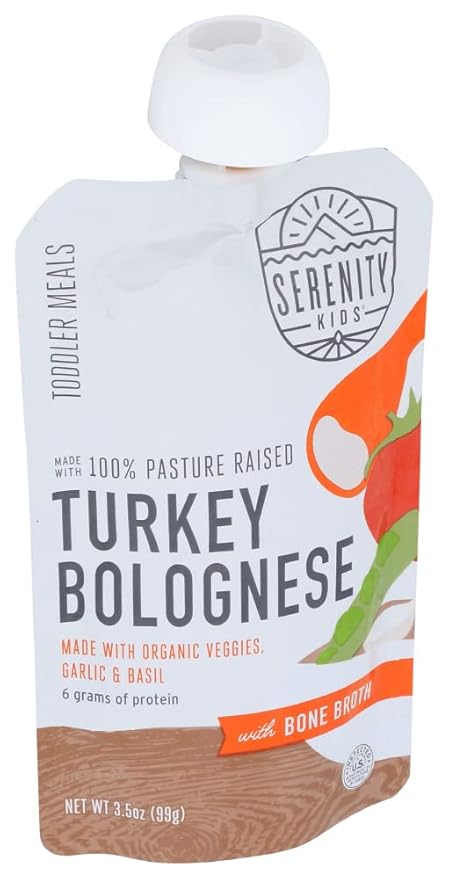 Serenity Kids Bone Broth Puree Made With Organic Veggies | Clean Label Project Purity Award Certified | 3.5 Ounce BPA-Free Pouch | Free Range Turkey Bolognese | 1 Count (Pack of 3)