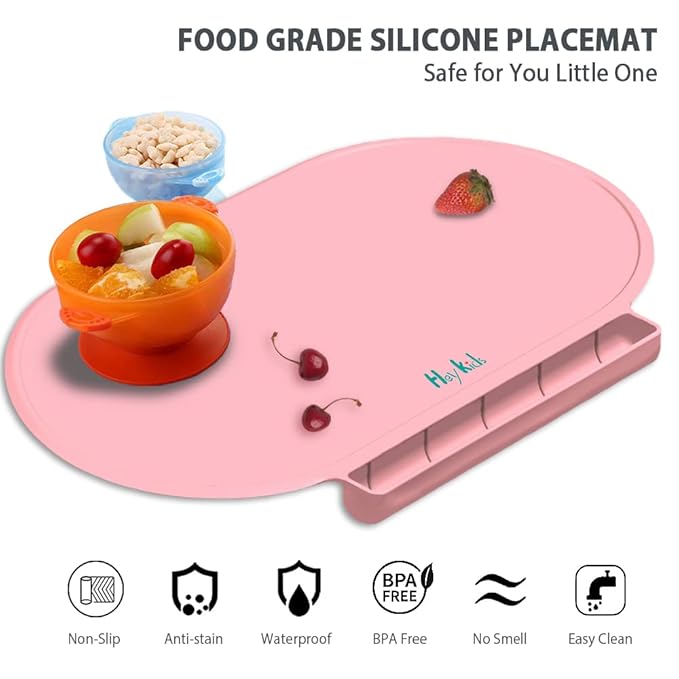 Silicone Placemat for Baby, Silicone Baby Toddlers Non-Slip Tablemats Stain Resistant Anti-Skid Reusable Dishwasher Safe Table Mats, Portable Food Mat Travel (2Pack, Pink)