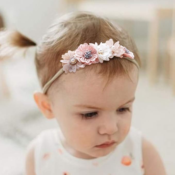 Baby Girl Nylon Headbands Flower Hair Bows Accessories-Elastic Hair Band Crown Handmade FLoral Wraps Birthday Gifts for Girls Newborn Infant Toddler 3Pcs
