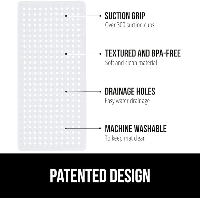 GORILLA GRIP Patented Bath Tub Shower Mat, 2 Pack, Machine Washable Bathtub Floor Liner Mats, Suction Cups and Drain Holes to Keep Tubs Clean, Soft on Feet, Bathroom Essentials, 35x16 Inch, White