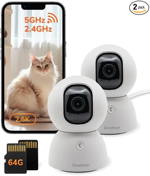 Sensforge 2.5K Indoor Pan-Tilt Dome Security Camera (2-Pack), AI Human & Pet Detection, 360° Coverage, Two-Way Audio, Dual-Band Wi-Fi (2.4G/5G), 64GB SD Card Included, No Monthly Fees