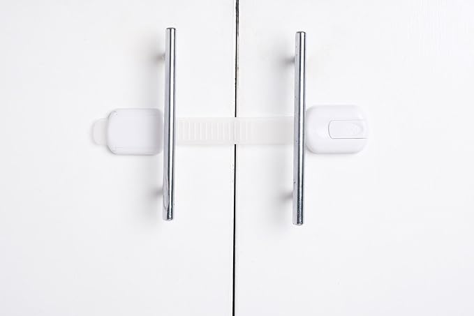 Child Safety Cabinet Locks (4 Pack) – Adjustable Baby Proofing Strap Latches with Strong 3M Adhesive – No Drill Childproof Locks for Drawers, Cabinets, Fridge, Door, Closet, White
