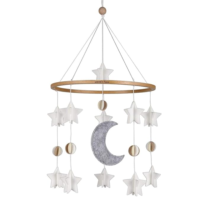 Sorrel + Fern Baby Crib Mobile - Moon & Stars (Grey, White & Cream) - Nursery Decoration - Unisex