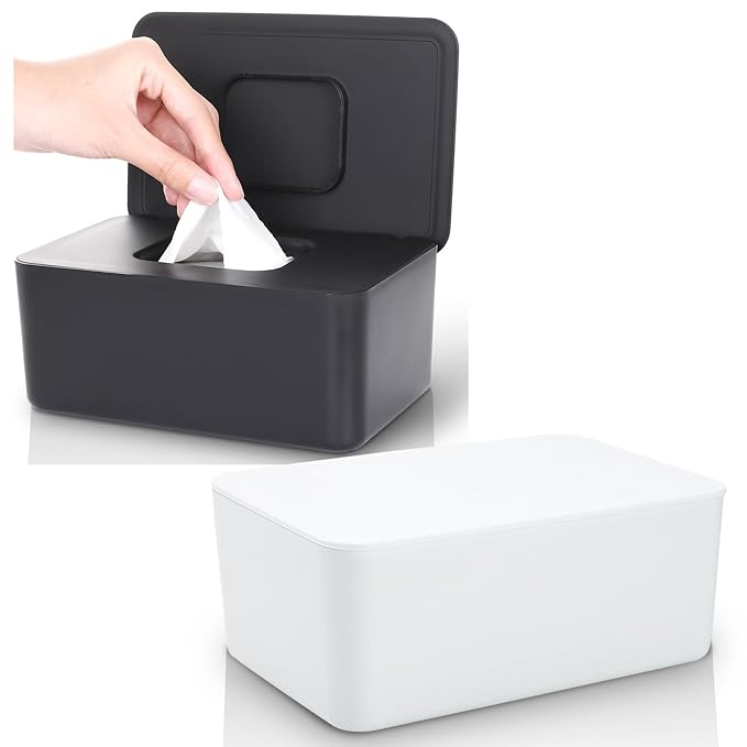 2 Pack Lijroavy Baby Wipes Dispenser, Baby Wipe Holder for Fresh Wipes, Non-Slip Baby Wipes Container, Refillable Wipes Box, Wipes Case with Sealing Design Lid (Black and White)