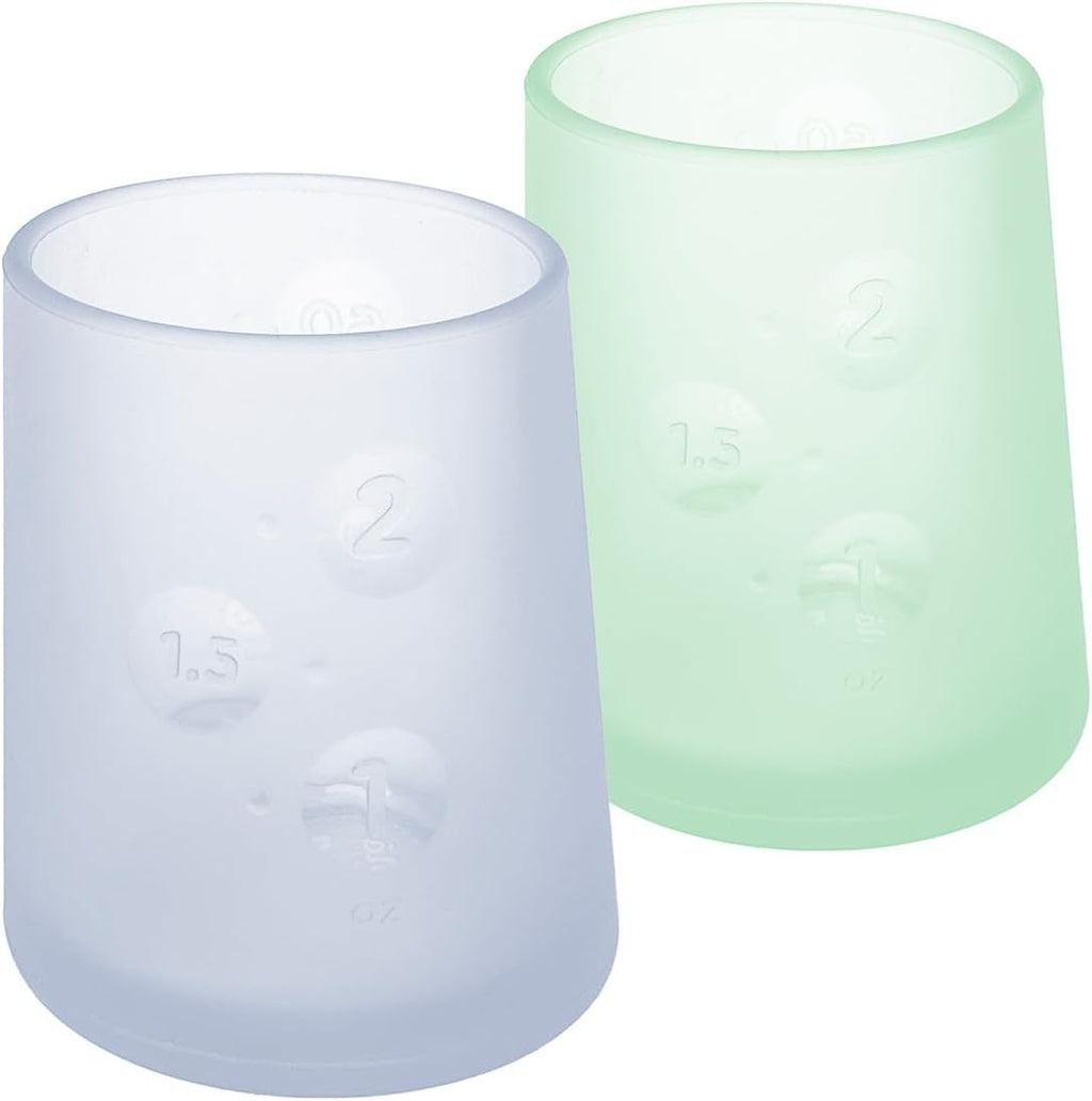 Olababy First Cup | Clear Sense 100% Silicone Infant Trainer Cup | 2oz Medicine Cup for Newborn | Non-Slip & Sloping Design for Tiny Hands & Baby Led Weaning (Blueberry/Mint, 2 Cups)
