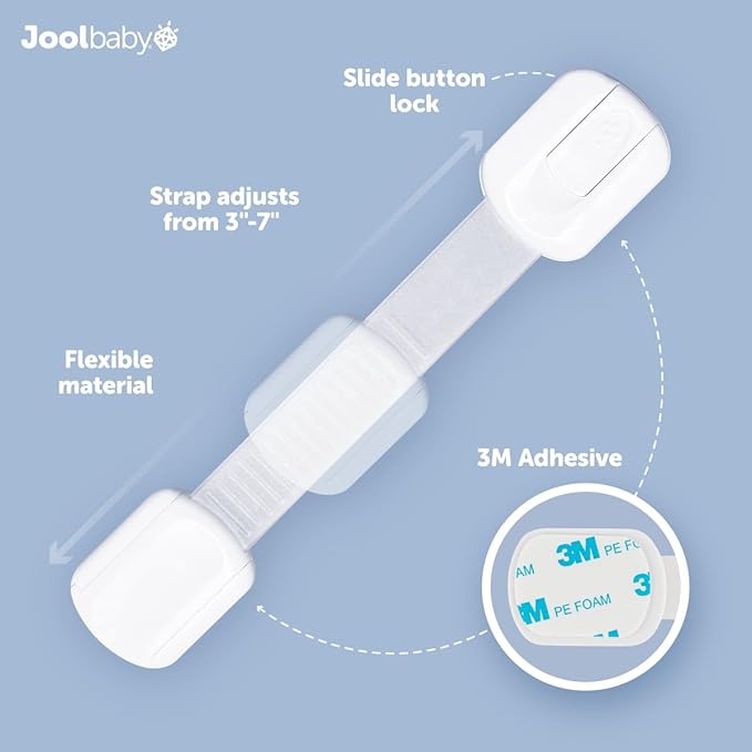 Child Safety Strap Locks (12 Pack) Baby Proof Cabinets, Drawers, Fridge, Toilet & Trash Cans – 3M Adhesive Childproof Locks – Jool Baby