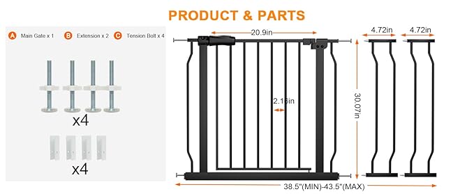 Extra Wide Baby Gate Extra Wide Extra Tall Dog Gates for Stairs Doorways Black Metal Tension Indoor Safety Gates with Pressure Mount 38.5-43.5 Inch Wide
