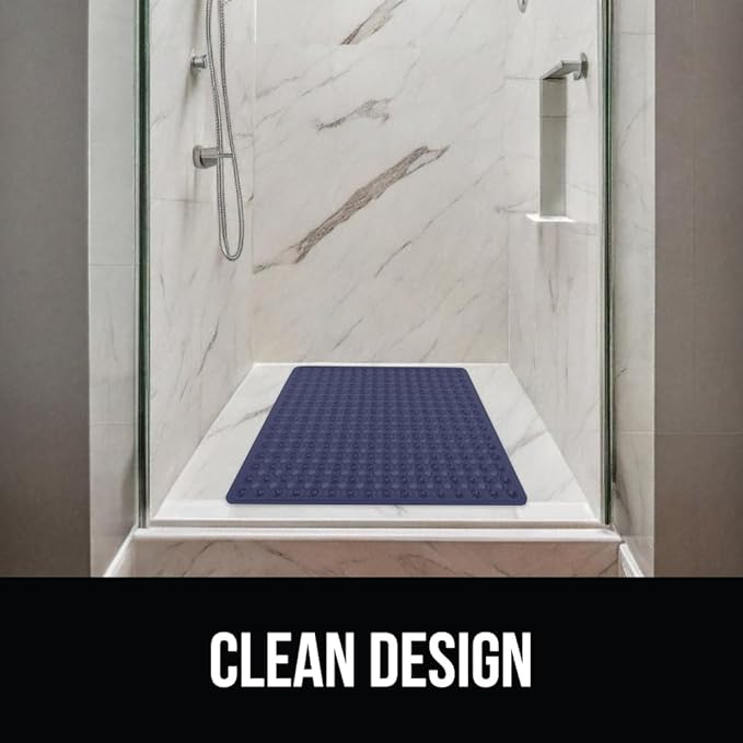 GORILLA GRIP Patented Square Shower Stall Mat, Small Bathtub Floor Mats for Stand Up Showers, Suction Cups and Drainage Holes, Machine Wash, Soft on Feet, Bathroom Accessories 21x21 Inch, Navy Opaque