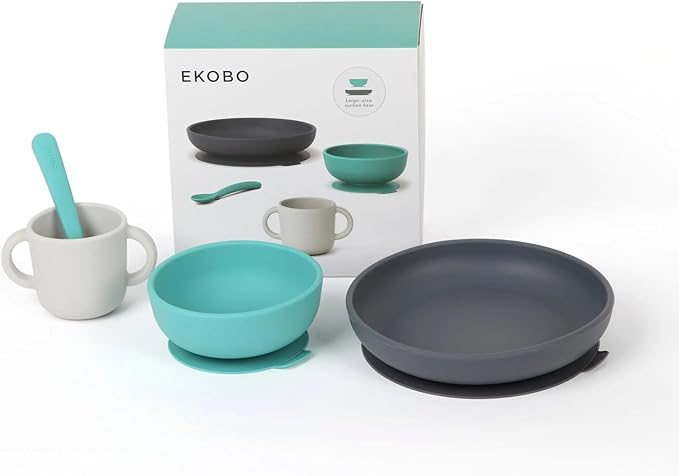 EKOBO Silicone Baby Meal Set – Lagoon, 4‑Piece Baby Feeding Essentials, Suction Toddler Plates and Bowls Set, Two‑Handle Cup, Soft‑Tip Spoon, Microwave, Oven & Freezer Safe, BPA‑Free