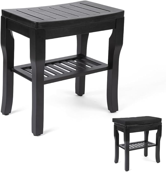StrongTek Bamboo Shower Bench Seat with Cushion, Shower Stool with Storage Shelf, Lightweight, Non-Slip, Quick-Drain Design, 350 lbs Capacity, Ideal for Bathroom, Spa, Sauna, Living Room