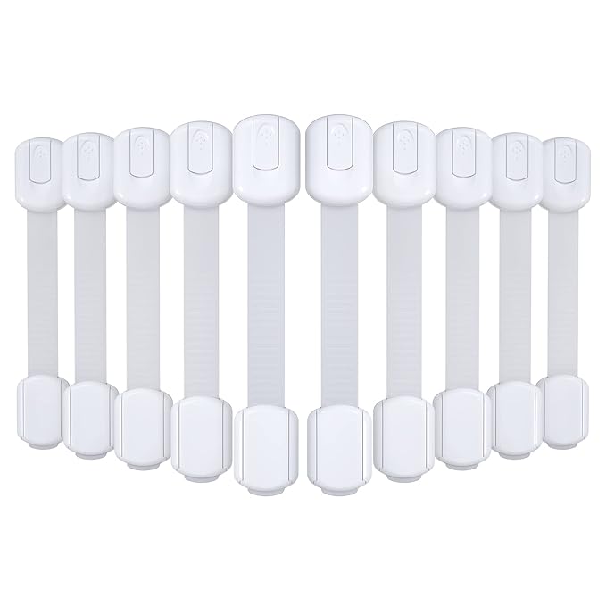 4our Kiddies 10 Pack Baby Proof Cabinet Latches, Childproof Drawer Latches with 6 Extra 3M Adhesives, Adjustable Child Safety Cabinet Strap Locks, Baby Drawer Locks for Kids and Child Safety