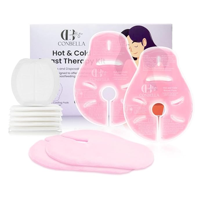 2 Larger Breast Ice Packs with Soft Covers and 6 Breast Pads for Leaking Milk, Hot and Cold Breast Therapy Packs, Breastfeeding Essentials for Relief of Clogged Ducts, Nipple Pain, Engorgement(Pink)