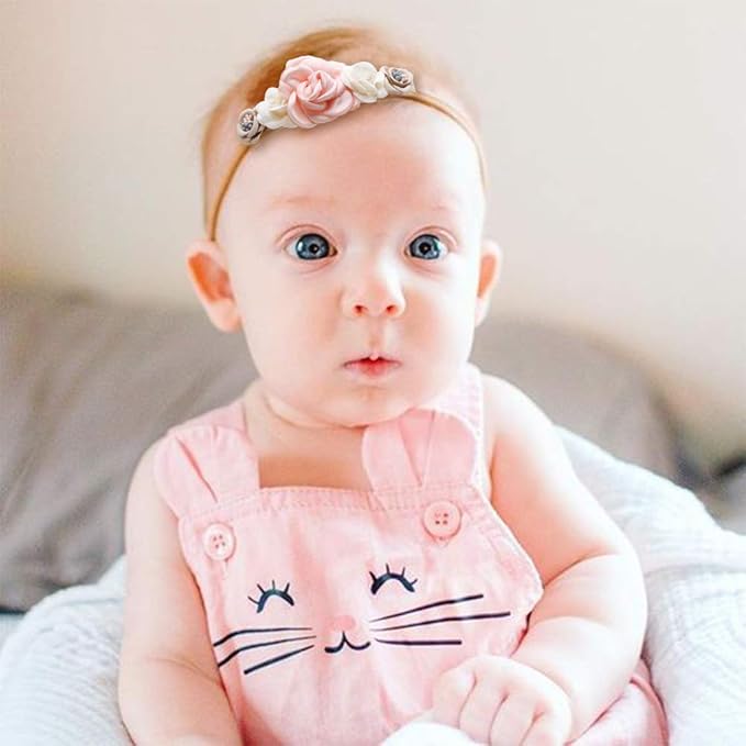 Baby Girl Nylon Headbands Flower Hair Bows Accessories-Elastic Hair Band Crown Handmade FLoral Wraps Birthday Gifts for Girls Newborn Infant Toddler 3Pcs