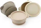 PandaEar 3 Pack Baby Bowls with Suction| Leak-Proof Stay Put Silicone Food Bowl with Lids for Babies Kids Toddlers Infants| Food Grade Soft Safe BPA-Free Silicone (Linen Brown Tan)