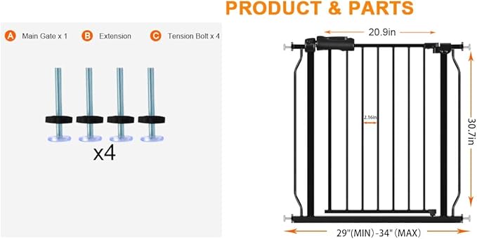 HOOEN Narrow Baby Gate for Stairs - 29 to 34 Inch Wide with Door, Metal Tension Pressure Mounted Child Safety Gate