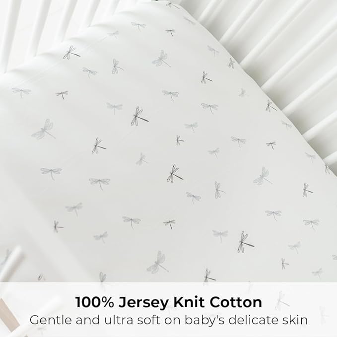 Ely’s & Co. Crib Sheets, Baby Boy Fitted Crib Mattress Sheet Set, 2 Pack, 100% Jersey Knit Cotton, Infant and Toddler Nursery Bedding, 28” x 52” Dragonflies + Stripes Collection