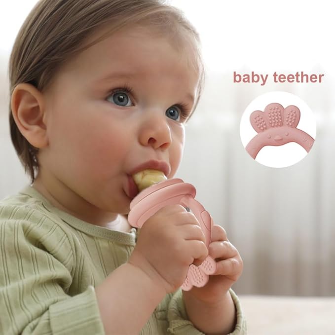 Baby Food Fruit Feeder, Breastmilk Baby Popsicle Molds, Silicone Teether Freezer Tray Food Feeder Pacifier for Teething Relief (Pink)