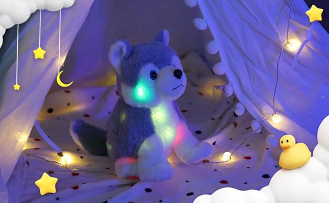 Hopearl LED Musical Stuffed Husky Lighting Up Singing Plush Dog Adjustable Volume Lullaby Animated Soothe Birthday Gifts for Kids Boys Girls, Gray, 12''