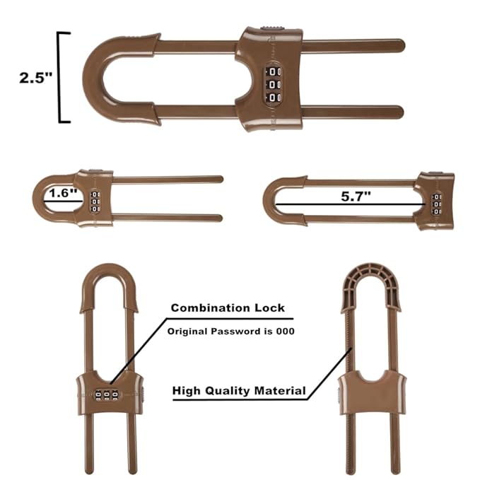 4 Pack Child Proof Sliding Cabinet Door Code Locks Baby Safety Cupboard Locks Adjustable U Shaped Cabinet Latches for Knob Handle Drawers Closet (4 PCS, Coffee)