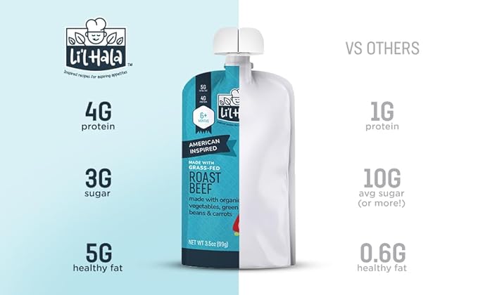 Li’l Hala Baby Food Pouches – Grass-Fed Roast Beef & Organic Veggies – Toddler Pureed Meals with Meat – Protein & Healthy Fats –No Sugar/Hormones – 6+ Months – 3.5 oz (12 Pack)