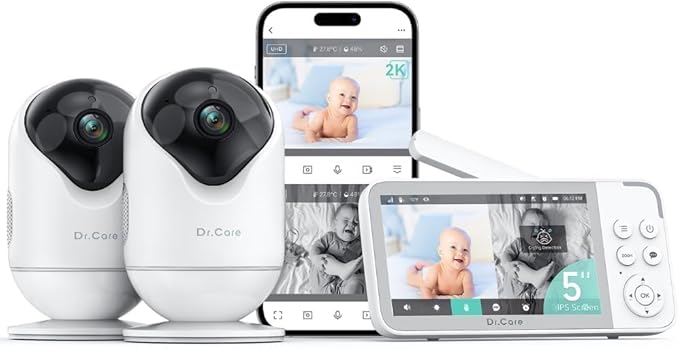 VistaView Smart WiFi Baby Monitor with 2 Cameras- 5” 1080P Split Screen & 2K Camera App Control, Cry & Motion Alerts, Night Vision, 5000mAh Battery, 2-Way Talk, Triple Security, 1279ft Range