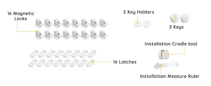 16 Pack Child Safety Magnetic Cabinet Locks - Vmaisi Children Proof Cupboard Baby Locks Latches - Adhesive for Cabinets & Drawers and Screws Fixed for Protection
