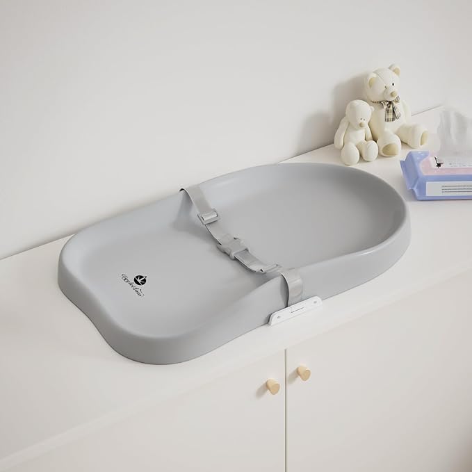 Baby Diaper Changing Pad with Adjustable Belt – Portable, Waterproof, Peanut-Shaped Design, Non-Slip Base for Table and Dresser, Grey