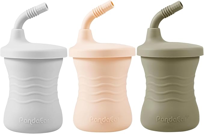 PandaEar Silicone Training Cup, 3 Pack Baby Drinking Sippy Cups with Straw for Baby and Toddler 6 Months+ (Brown/Pink/Gray)