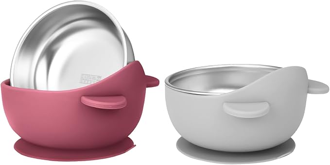 2 Pack Stainless Steel Baby Bowls with Suction, Toddler Bowls with Removable Silicone Shell for Kids, Non-Slip Toddler Baby Feeding Set Dishwasher Safe-Gray & Red