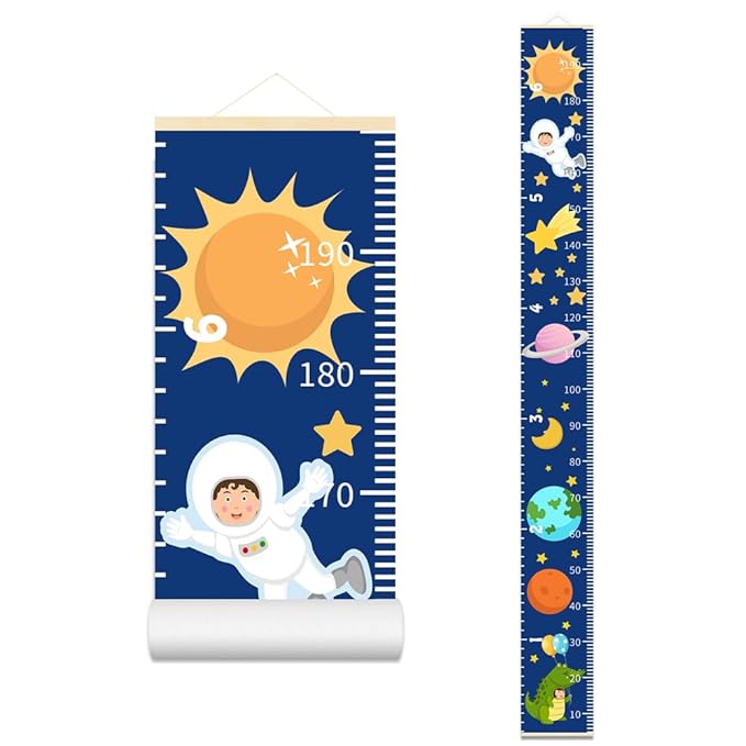 Baby Height Growth Chart - Canvas Height Chart for Kids Baby Child Toddler Boys Girls Growth Chart for Wall Room Nursery Decor Hangable and Removable Measuring Wall Ruler (Space, Beige Wood)