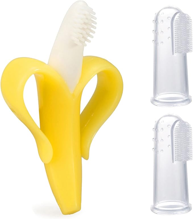 Finger Baby Toothbrush and Banana Teether, Soothing Pain Relief Silicone Baby Teething Toy for Babies, Toddlers, Infants, BPA Free, Soothes Babies Sore Gums(1 Teether 2 Finger Toothbrushes)