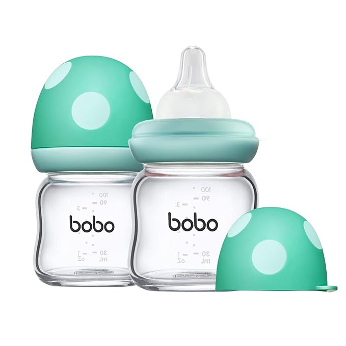 YOHKOH Natural Glass Baby Bottle with Natural Response Nipple, Newborn Anti-Colic Baby Bottles, Wide Neck Mushroom Cap Baby Bottle, Clear (3.4oz (Pack of 2), Blue)