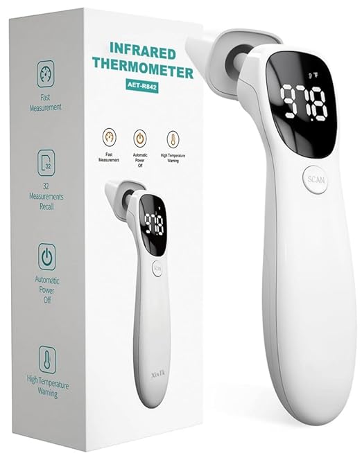 Ear Thermometer for Adults and Kids, Infrared Digital Thermometer - with Fever Alarm and Auxiliary Light, 1 Second Reading, No-Touch Forehead Ear 2 in 1 Mode，Easy to use