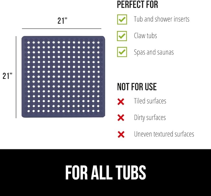 GORILLA GRIP Patented Square Shower Stall Mat, Small Bathtub Floor Mats for Stand Up Showers, Suction Cups and Drainage Holes, Machine Wash, Soft on Feet, Bathroom Accessories 21x21 Inch, Navy Opaque