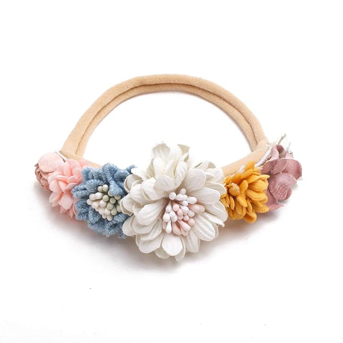 Baby Girl Nylon Headbands Flower Hair Bows Accessories-Elastic Hair Band Crown Handmade FLoral Wraps Birthday Gifts for Girls Newborn Infant Toddler 3Pcs