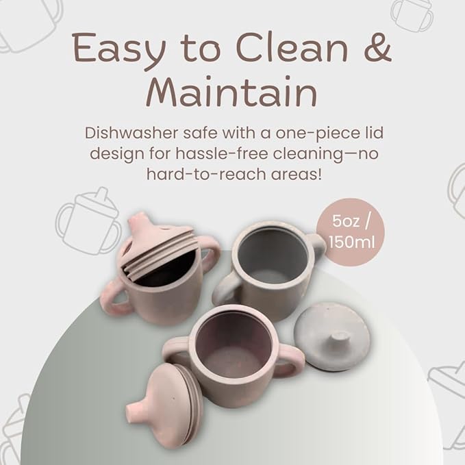 Silicone Sippy Cups with Easy Grip Transition Handles and a Soft Spout. A Non Toxic No Spill Unbreakable Training Cup 150ml/5oz |2-PACK Pink and Cream|