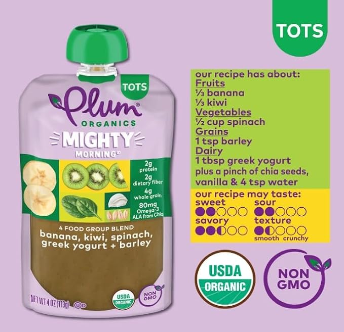 Plum Organics Mighty Morning Organic Toddler Food - Banana, Kiwi, Spinach, Greek Yogurt, and Barley - 4 oz Pouch (Pack of 12) - Organic Fruit and Vegetable Toddler Food Pouch