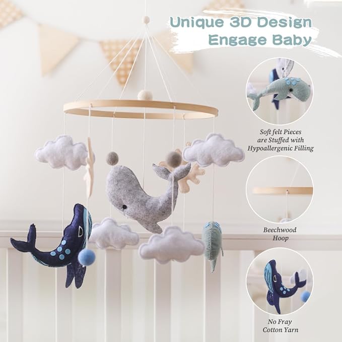 EERKEOD Baby Crib Mobile Ocean Nursery Mobile for Boys Girls Handmade Felt Mobile for Crib Nursery Decor for Infant Bedroom Hanging Baby Mobile for Bassinet Newborn Baby Gift（Whales）
