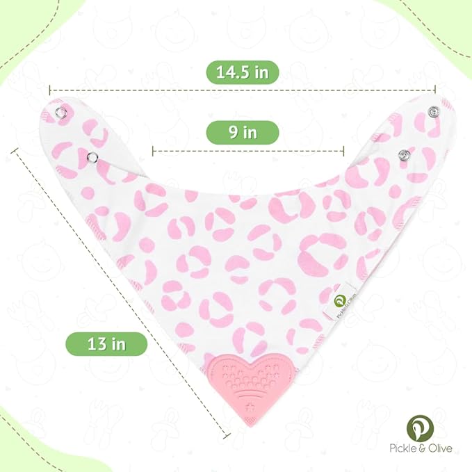 Pickle & Olive - Baby Bandana Girl Teething Bibs with Attached Silicone Teether - Set Of 4 -Leopard