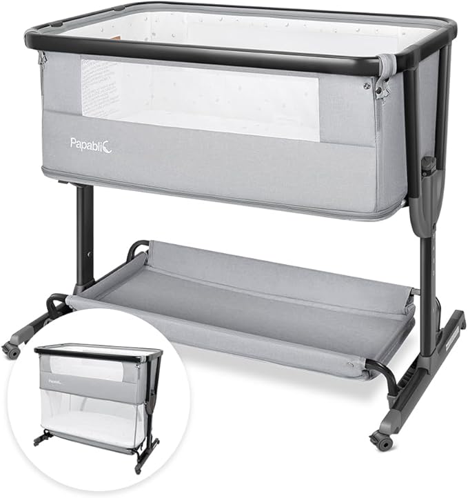 Papablic 4 in 1 Baby Bassinet, Bedside Bassinet for Baby, Adjustable Rocking Bassinet Bedside Sleeper with Soft Mattress & Storage Basket, Easy to Assemble, Black